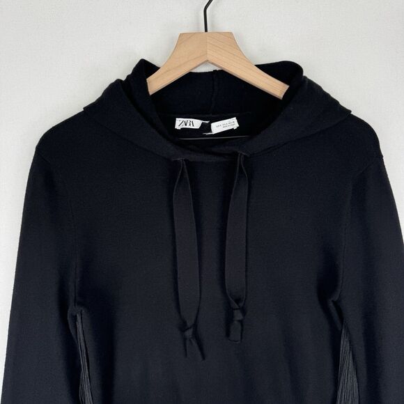 Zara Sweater Womens Small Black Chain Fringe Boho Western Soft Stretch Hoodie - Picture 2 of 10